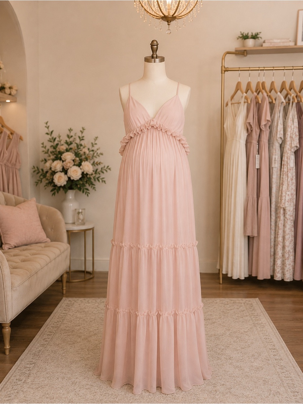 Blush Pink Halter Top Tiered Maxi Dress, Size 16